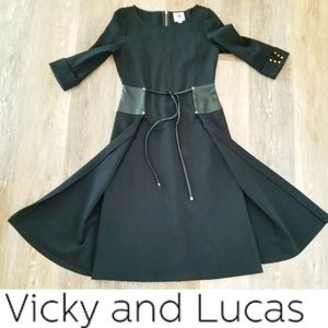 Vicky and Lucas Black Zip-up Gold Hardware Studs Leather Belt Fit & Flare Dress